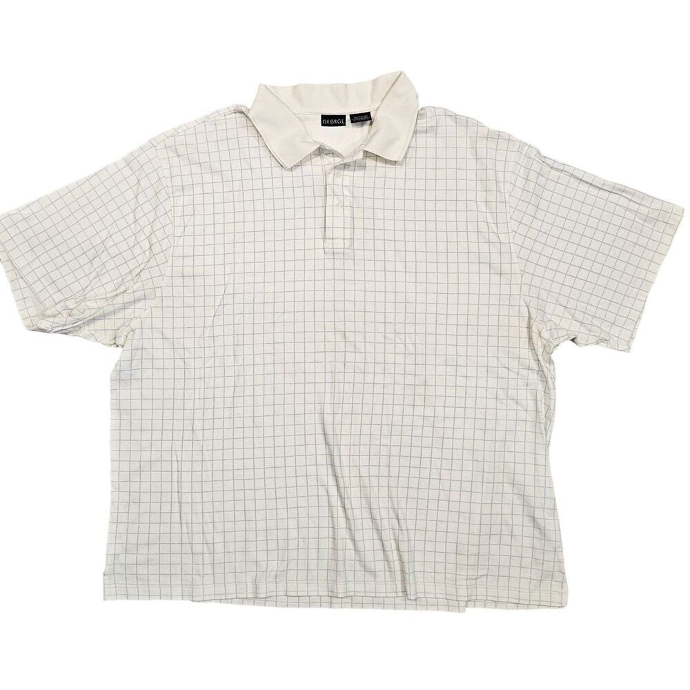 George Men's Checkered White Blue Short Sleeve Polo Shirt Super Soft Size 3XL